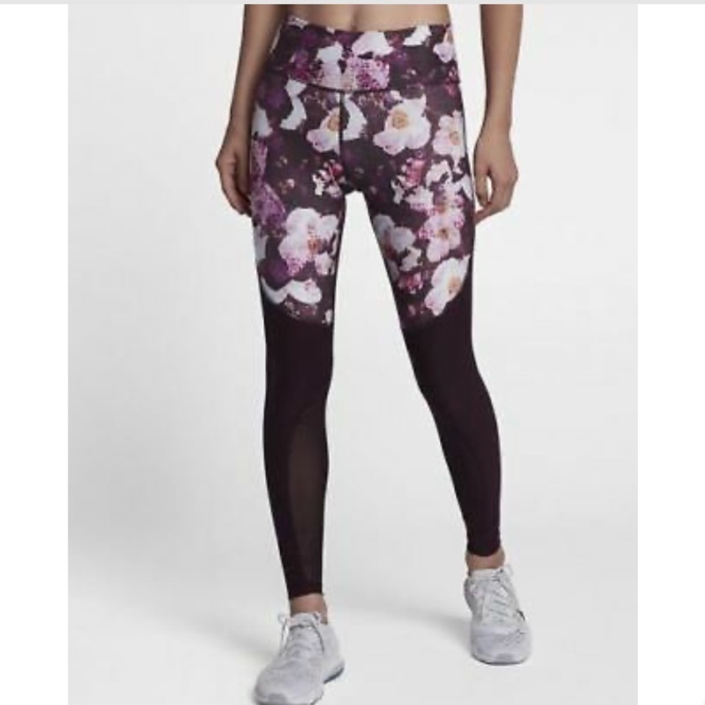 Nike Power Legend Floral Port Wine Mesh Run Training Leggings